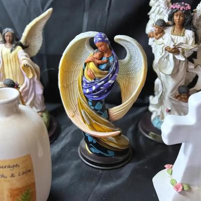 Lot 101:  Collection of Inspirational Angel Figurines, Cross & Vase – Religious Décor Set