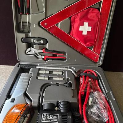 Lot 166:  Complete Emergency Roadside Assistance Kit with Tools, Compressor & Safety Gear
