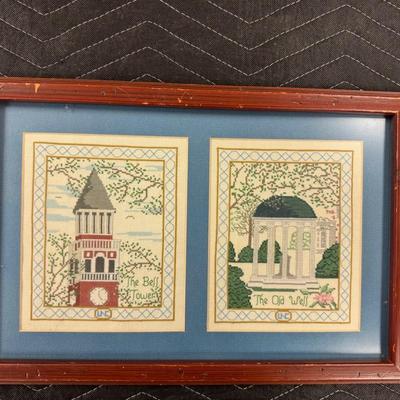 Lot 252: Tarheel Nation!  Framed Needlepoint Of Bell Tower And Old Well