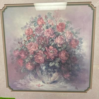Lot 161:  Framed Floral Print by Julia Crainer – Pink Roses in Vase (27” x 28”)