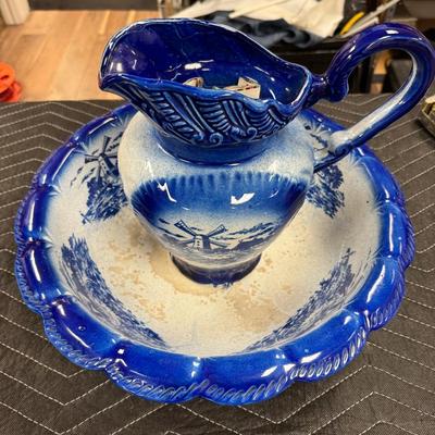 Lot 273: Vintage Flow Blue Danish Pitcher And Wash Basin