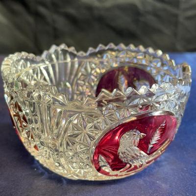 Lot 568: Bohemian Ruby Cut-to-Clear Crystal Bowl – Bird Motif