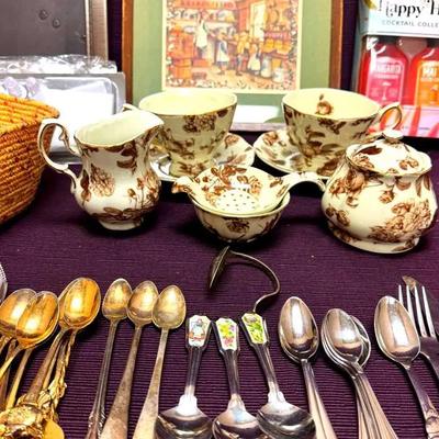 Lot 152:  Tea Set, Silver Plated And Stainless Spoons &Forks, Handcrafted Baskets ,Frames, & More!