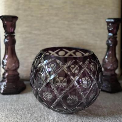 Lot 168:  Vintage Amethyst Glass Candle Holder Pair with Cut Crystal Bowl