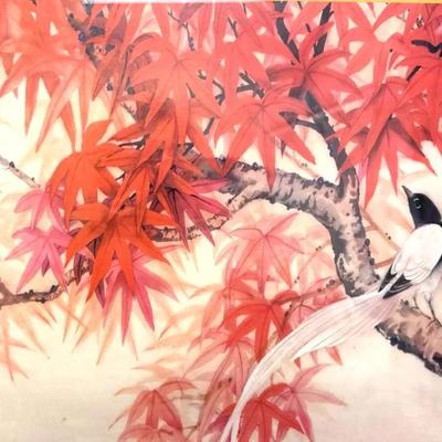 Lot 163:  Framed Chinese Watercolor Print – Magpie and Red Maple Leaves by Yong Shing, 17.5” x 21.5”