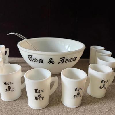 Lot 165:  Vintage Fire-King “Tom & Jerry” Milk Glass Punch Bowl Set with 10 Mugs