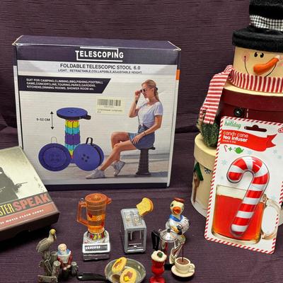 Lot 156:  Foldable Telescopic Stool, Movie Flash Cards, Tea Infuser, Snowman Box, Mini Appliances