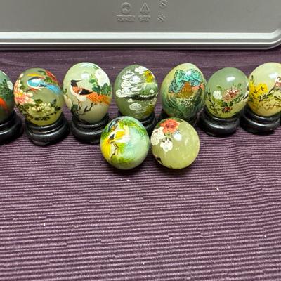 Lot 154:  Set of Hand-Painted Chinese Soapstone Eggs with Bird & Floral Motifs- Two Missing Base 