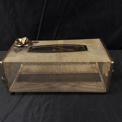Lot 444: Vintage Gold-Tone Metal Mesh Tissue Box Cover with Floral Accent