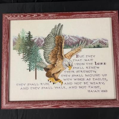 Lot 445: Framed Isaiah 40:31 Cross-Stitch with Eagle Design
