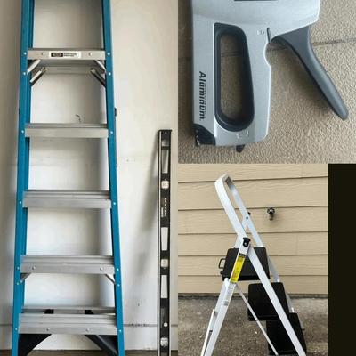 Werner 6’ Ladder, Skinny Mini Step Stool, Unitek 4’ Magnetic Level, & Stanley Staple Gun
