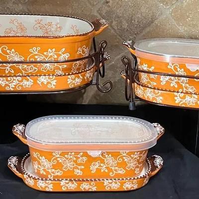 Temp-Tations Orange Floral Lace Casserole Dishes 
