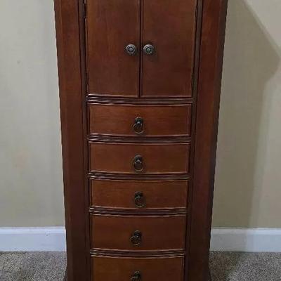 Wood Standing Jewelry Chest With 9 Drawers, 2 Side Doors & Lift Up Top
