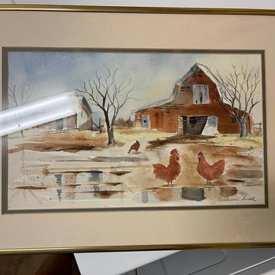 Catherine Smith Framed Watercolor Barn Scene w/ Chickens
