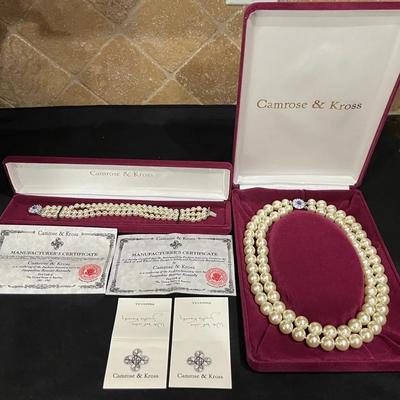 Camrose & Kross Jacqueline Kennedy Faux Pearl Necklace & Bracelet Set w/ Certificates