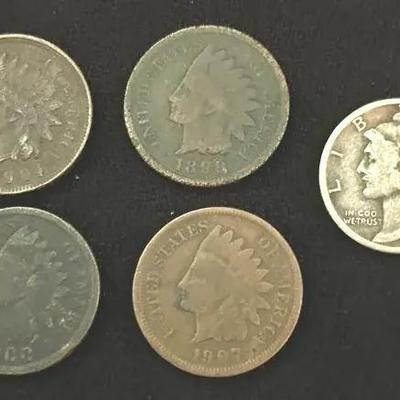 1942 Mercury Dime & (4) Indian Head Cents (1898–1907)