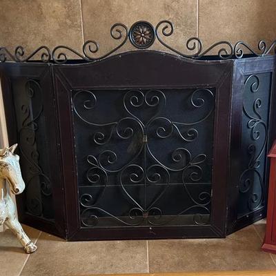 Elegant Fireplace Screen, Ceramic Horse, & Red Pre-Lit Lantern