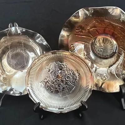 (3) Vintage Jeannette Carnival Glass Marigold Bowls – Iris & Herringbone Pattern