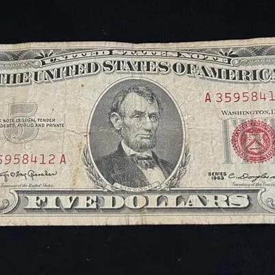 Circulated 1963-F4 Red Seal $5 Bill - Serial A35958412A