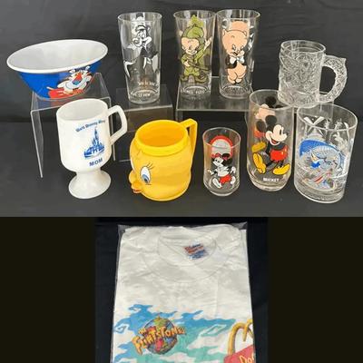 Vintage Cartoon Drinkware, Cereal Bowl, And 1994 Flintstones RocDonalds Shirt