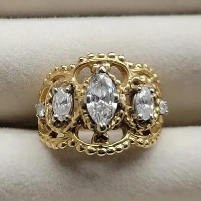 14K Yellow Gold Ring with Marquise & Round Diamonds | 7.60g