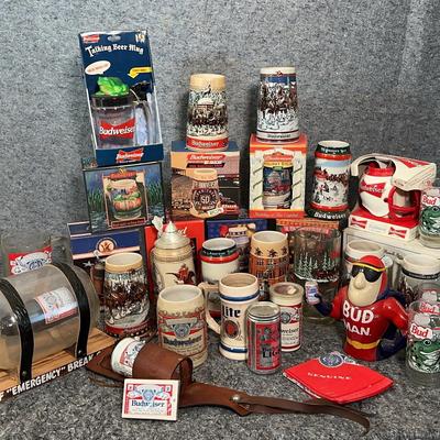 Budweiser Collectibles Lot | Holiday Steins, Glasses, Bud Man, Talking Mug & More