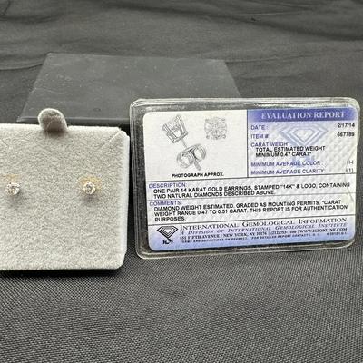 14K Gold Diamond Stud Earrings | 0.47–0.51 CTTW | Total Weight 0.60g