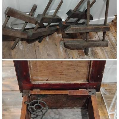 Antique Clamps & Shoe Shine Box 