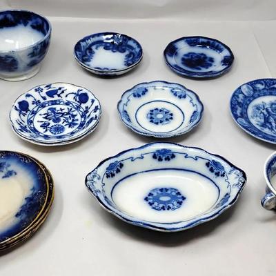Antique Blue & White Saucers, Cup & Bowl