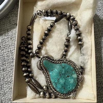 Beautiful turquoise and silver signed necklace 