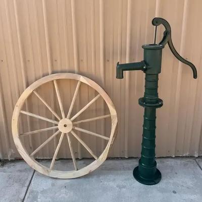 Decorative 36" Wagon Wheel & Hand Water Pump