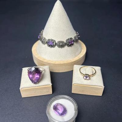 Amethyst Jewelry Suite in Gold and Silver with Loose Quartz Gemstone