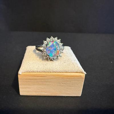 Sterling Silver Oval Triplet & Cubic Zirconia Ring – 10x8 mm Stone, Size 6.75