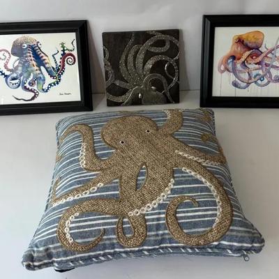 Octopus Coastal Décor Lot – Framed Art Prints, Metal Wall Plaque & Embroidered Pillow