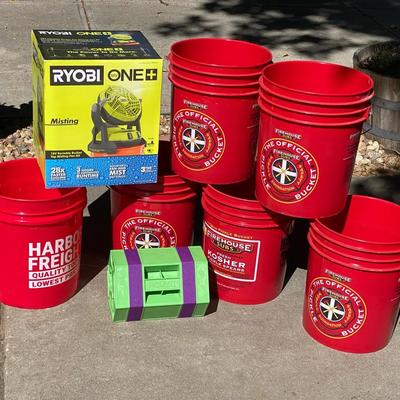 Ryobi Misting Fan Kit, 5 Gallon buckets, and Vintage RolyKit Organizer
