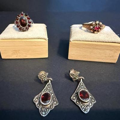 Antique Jewelry Set – Rose Gold Seed Pearl & Red Stone Ring, Garnet Cluster Ring & Sterling Silver 