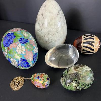 6 Decorative Eggs – Cloisonné, Stone, Crystal & Art Glass with Pendant