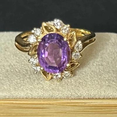 14K Gold Amethyst & Diamond Ring 
