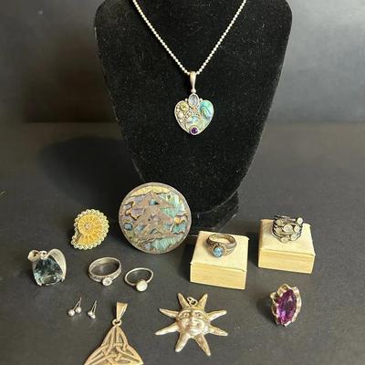 Sterling Silver & Abalone Gemstone Jewelry Collection – Sajen Heart Pendant, Rings, Brooch & More