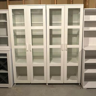 Set of IKEA White Storage Cabinets with Glass and Open Shelving