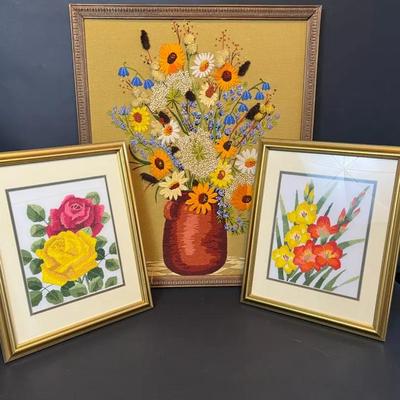 Framed Floral Embroidery Art – Set of 3 Handcrafted Needlework Pieces