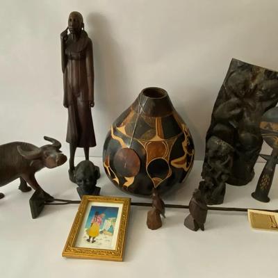 Hand-Carved African & Folk Art Sculptures, Painted Gourd, and Framed Artwork