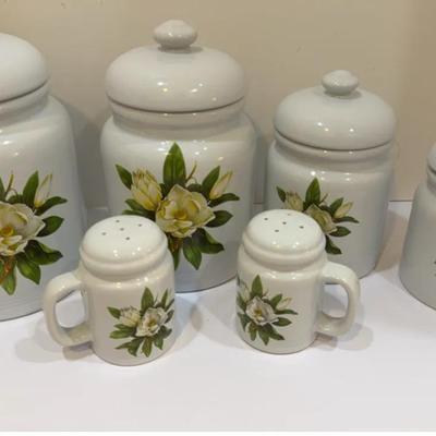 Four Piece Magnolia Cannister Set & Salt pepper Shakers