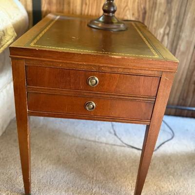 Vintage Wooden End Table With Gold Color Trim Inset