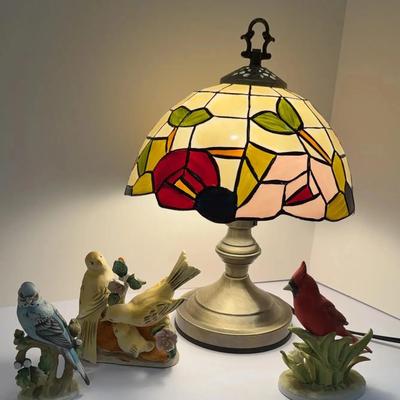 Three Way Touch Lamp W/Plastic Shade And Lefton Bird Figurines