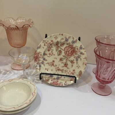 Pink Themed China,Glasses, And Candle Holders