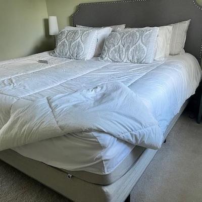 Sale Photo Thumbnail #38: Sleep Number King mechanical split.  Headboard and  frame upholstered nail head trim