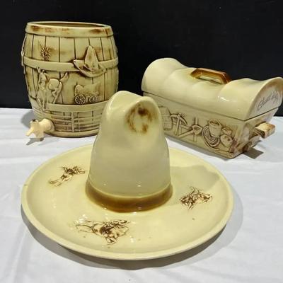 1960 Vintage McCoy El Rancho Sombrero Chuck Wagon Casserole, Chip&Dip, Drink Dispenser