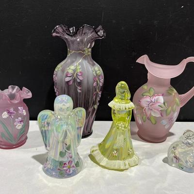 Fenton Pink Chiffon Satin Rib Optic Pitcher + Handpainted Vases, Angels