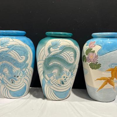 Vintage Large Japanese Ceramic Vases With Moriage Textured Decoration 